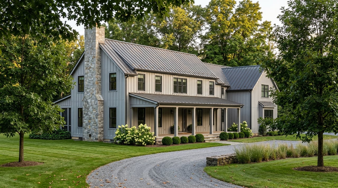 Modern farmhouse with gray board-and-batten siding, stone chimney, and covered porch beyond a curved gravel drive.