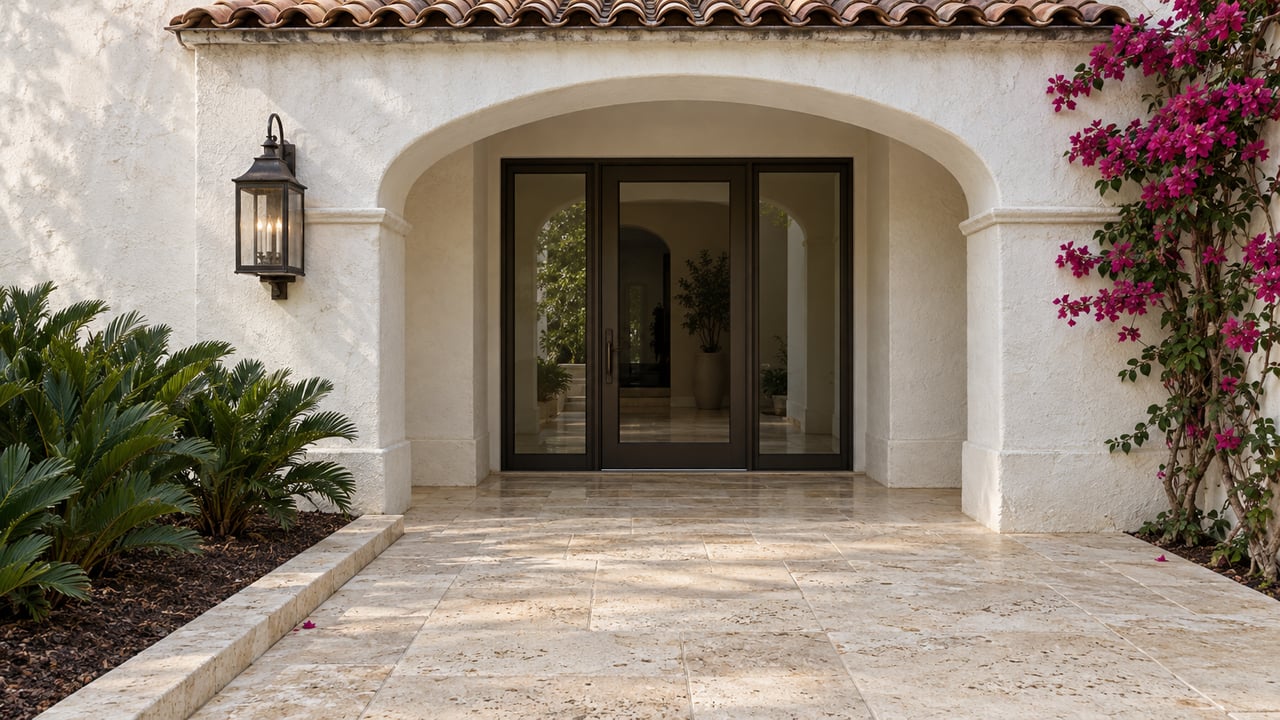 White stucco arched entrance with a bronze-framed glass door, weathered terracotta roof tiles, limestone paving and flowering bougainvillea.