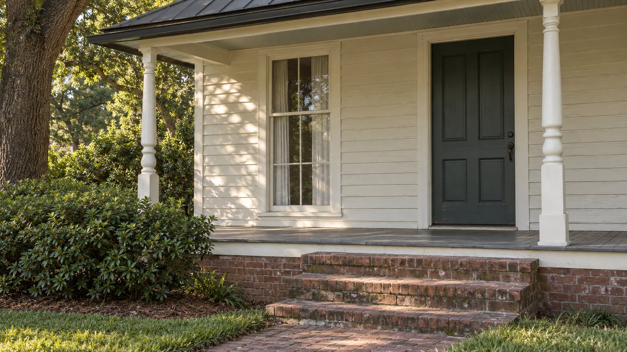 Historic house porch with a gray-green paneled door, brick steps, and oak branches shading cream weatherboards.