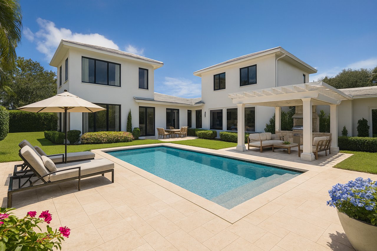 Modern white two-story home with a backyard pool, pergola, and tiled patio.