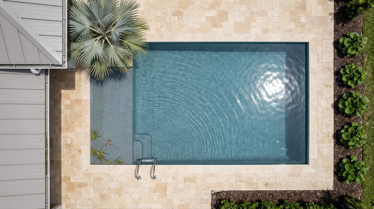 Overhead view of a rectangular backyard pool with a tanning ledge, travertine deck, and silver-blue palm beside a lanai.