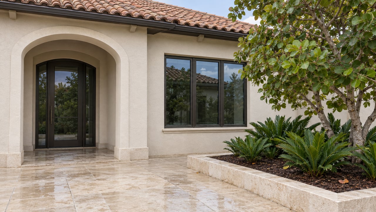 Cream stucco home entrance with an arched glazed door, clay tile roof, limestone approach and a raised bed of sea grape and coontie.