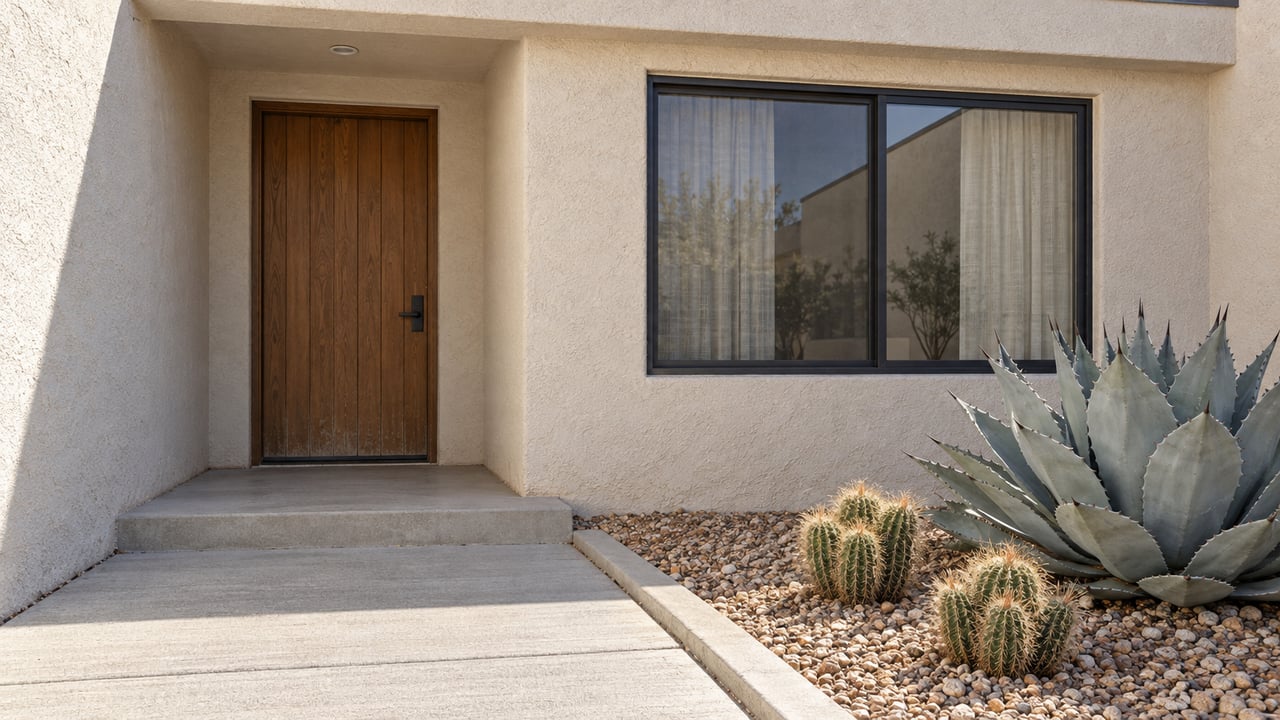 Ivory stucco home entry with a wooden door, dark-framed window, concrete walk and sculptural agave in a gravel bed.