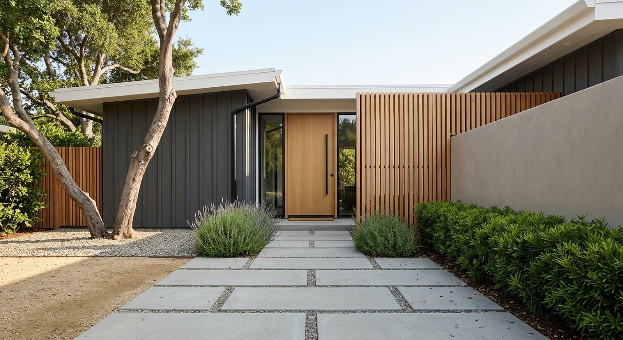 Private courtyard with a slatted cedar screen, oak pivot door, stucco wall, and paver path beneath oak branches.