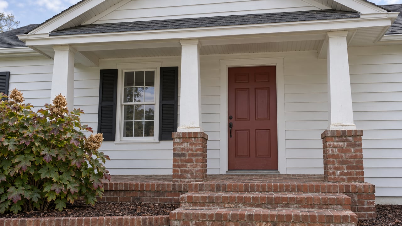 White-sided home with a muted-red front door, paired porch columns, brick steps, and an oakleaf hydrangea.