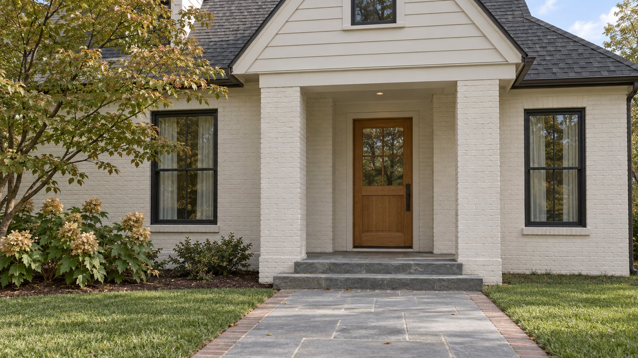 Painted-brick home with a gabled oak-door entry, dark-framed windows and a bluestone approach beside dogwood and oakleaf hydrangeas.