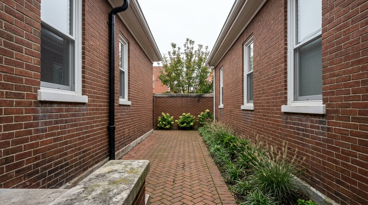 Narrow brick passage between attached buildings, with herringbone paving, a planted bed, and a brick garden wall.