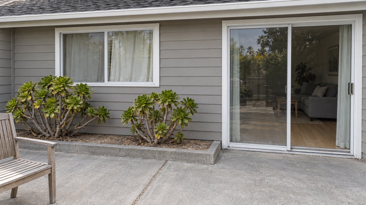 Warm-gray sided home with closed sliding glass doors, a compact concrete patio, a weathered teak chair and two branching aeoniums in a raised bed.