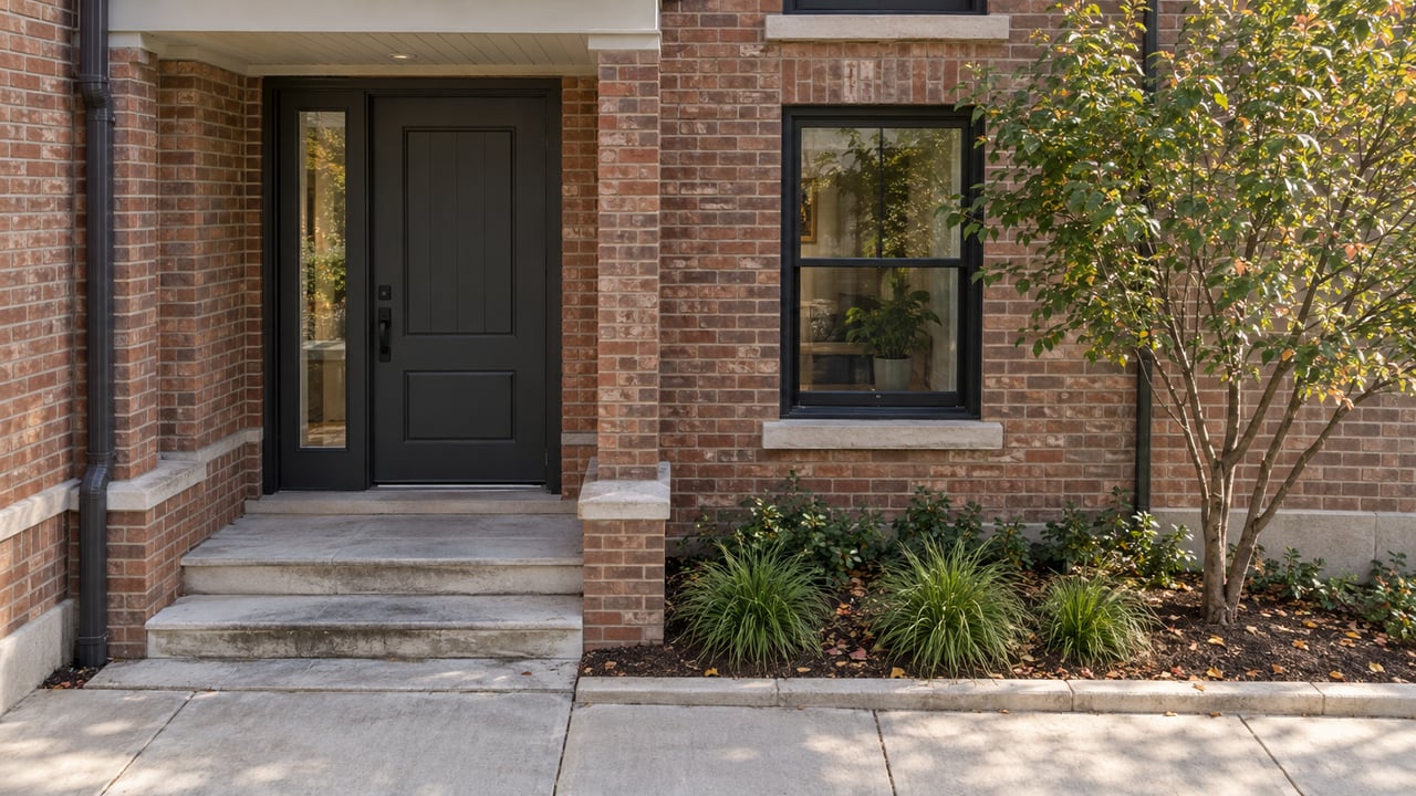 Brick townhome entrance with charcoal door, limestone steps, and a serviceberry tree beside the sidewalk.