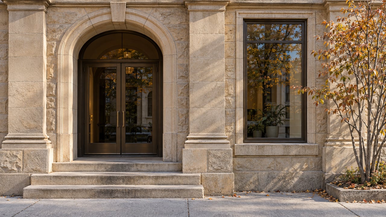 Buff sandstone storefront with a recessed arched glass entrance, broad steps, and a small autumn tree.
