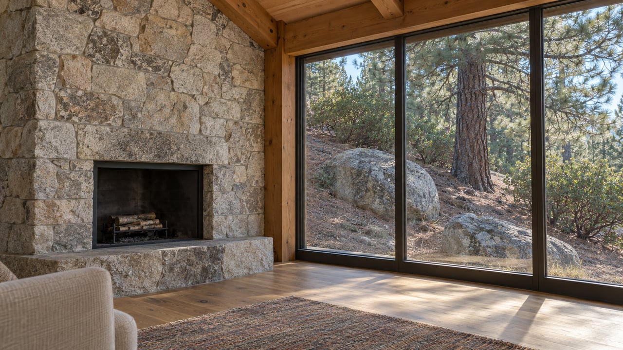 Granite fireplace and timber post beside a tall window overlooking pine and granite boulders.