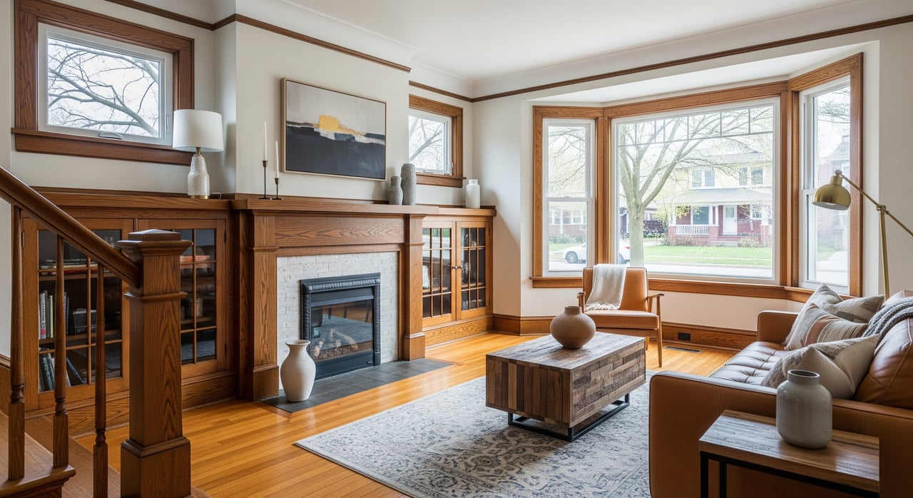 Living room with dark wood trim, a fireplace, leather sofa, and large windows overlooking a tree-lined street.