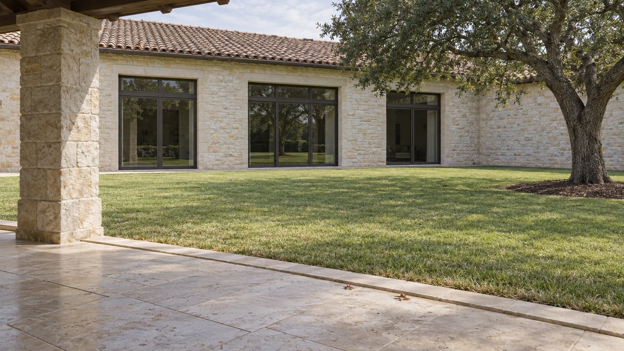 Shaded limestone terrace overlooking an open lawn, a mature live oak and a stone home with bronze-framed glass doors.