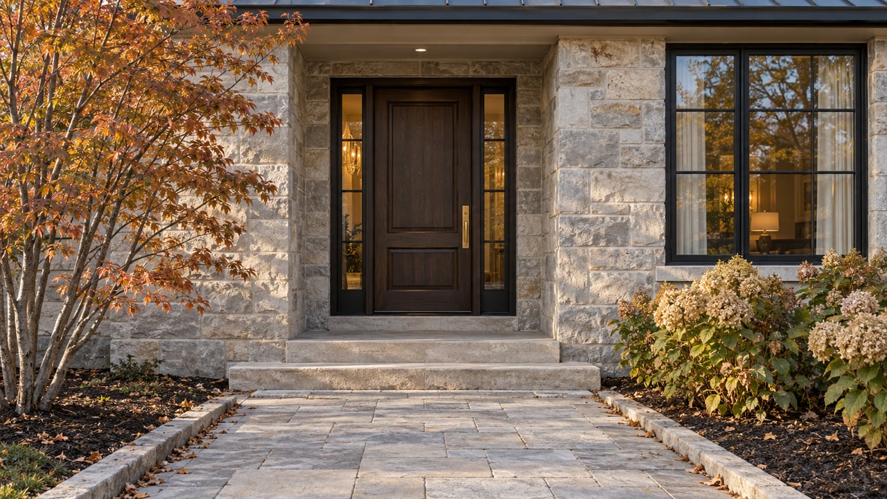 Recessed oak entry in buff-gray limestone, with a black grid window and autumn shrubs.