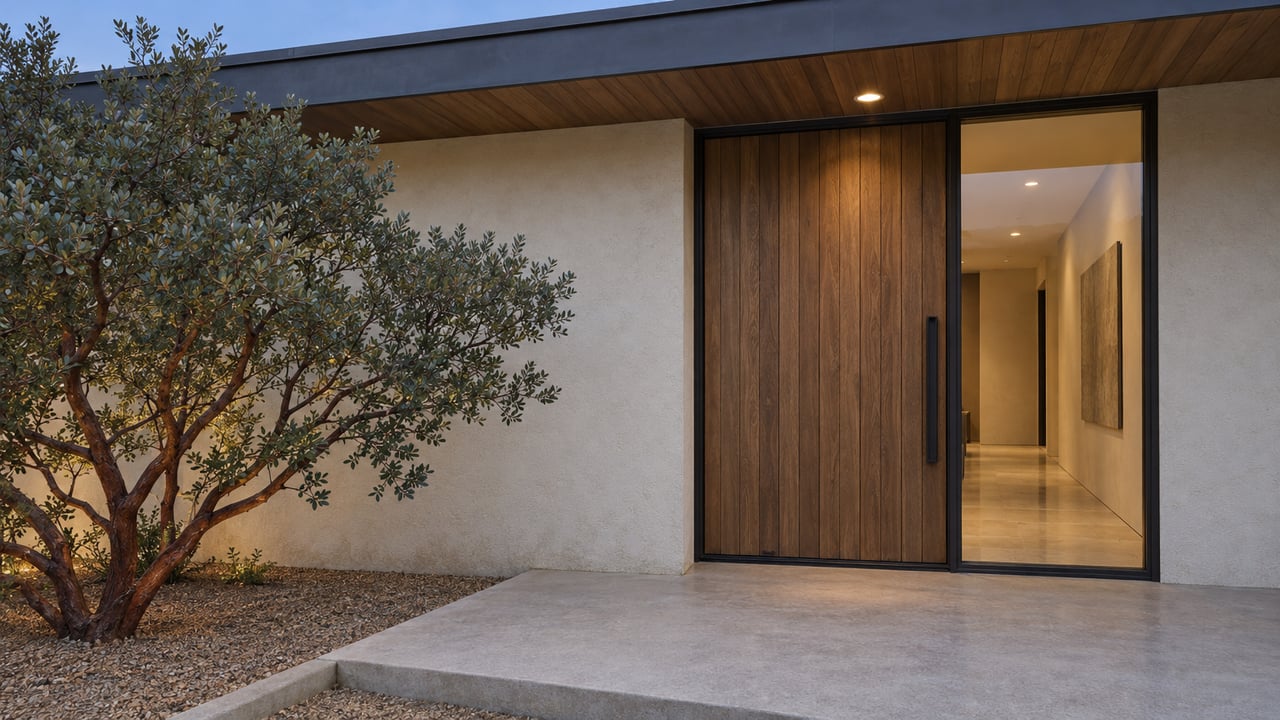 Blue-hour view of a contemporary home's cedar entry door, cream stucco, bronze-framed sidelight and sculptural manzanita beside a concrete landing.