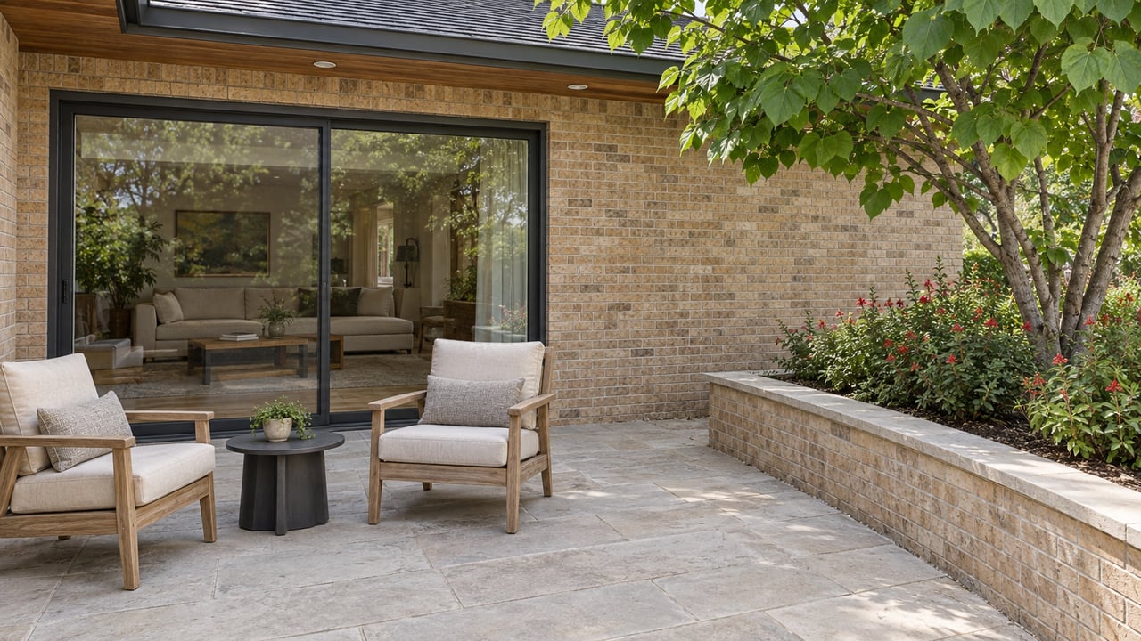 Covered ranch-home terrace with buff brick, cedar soffit, closed sliding glass doors, two teak chairs and a raised flowering planting bed.