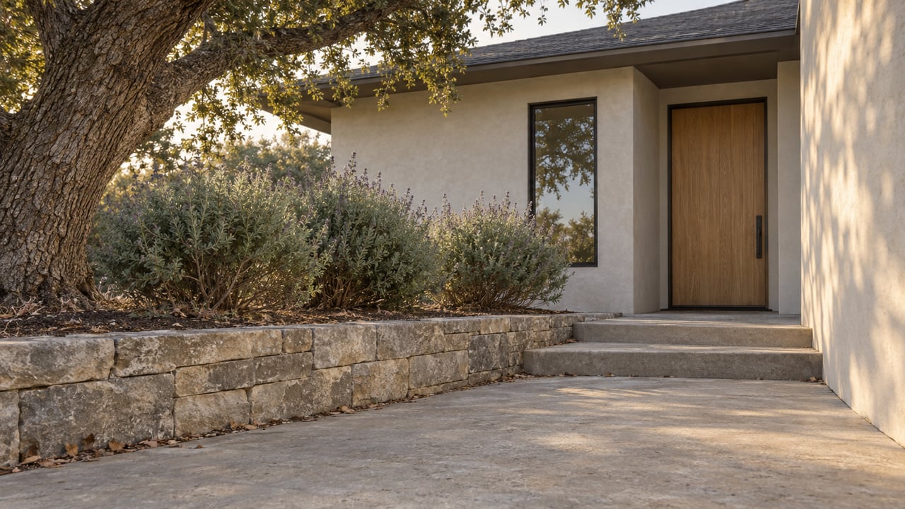 Warm-gray stucco hillside home with an oak, oak door, bronze-framed window, and limestone retaining wall.