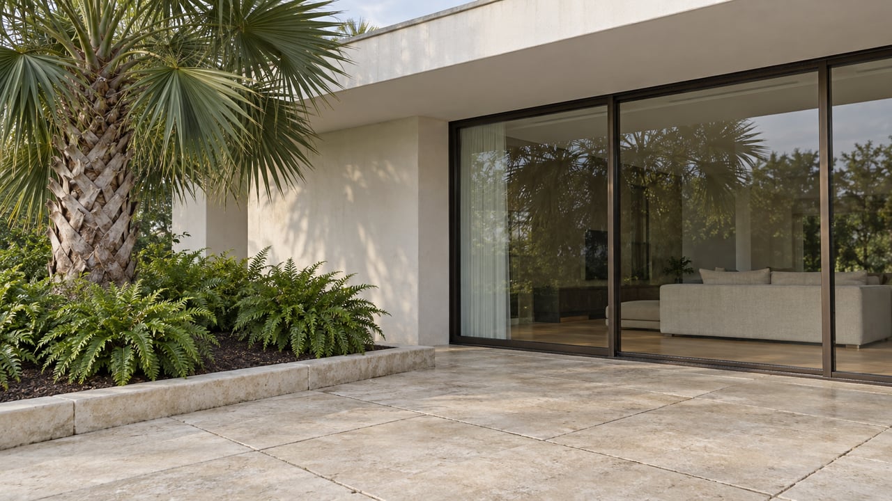 Pale stone terrace beside an ivory modern home, with closed glass doors and a mature palm in a raised planting bed.