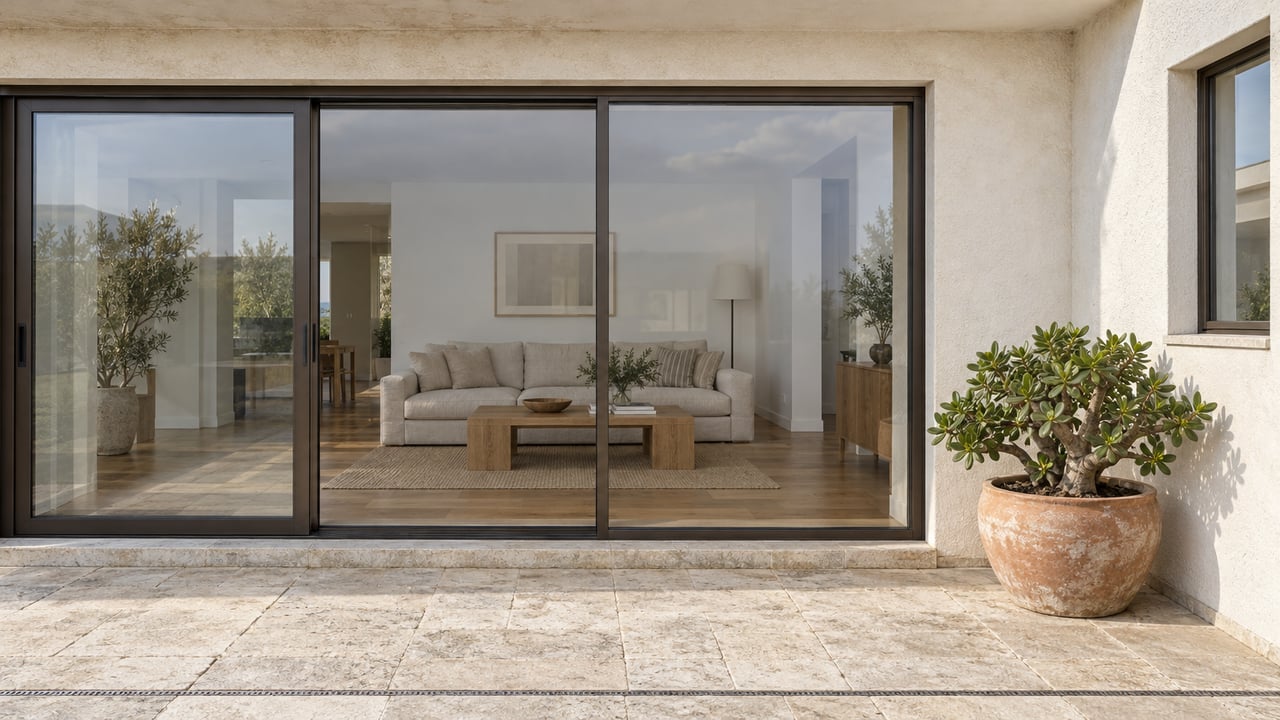 Sunlit limestone terrace outside bronze-framed glass doors, with ivory stucco, warm oak interiors and a single jade plant in a clay pot.