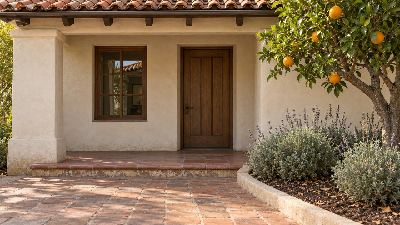 Sunlit stucco entry with a terracotta roof, recessed oak door, clay-paver approach and mature orange tree.