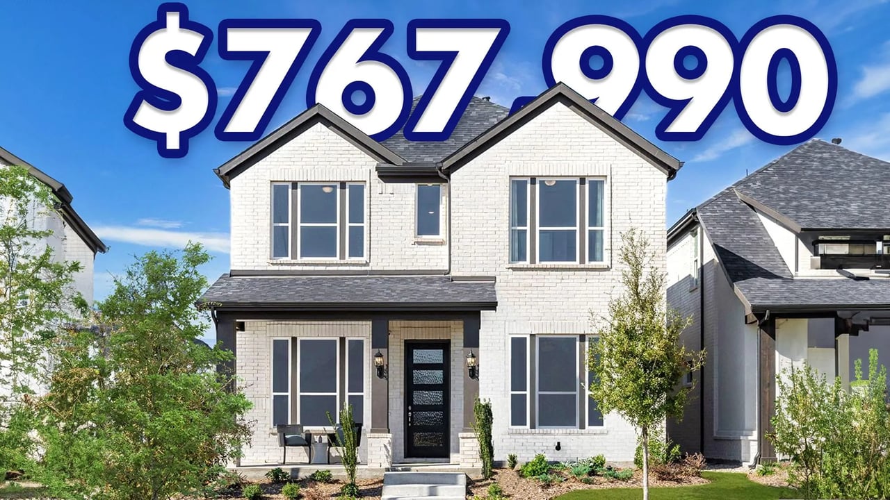 Two-story white brick home with dark trim and a $767,990 price graphic.