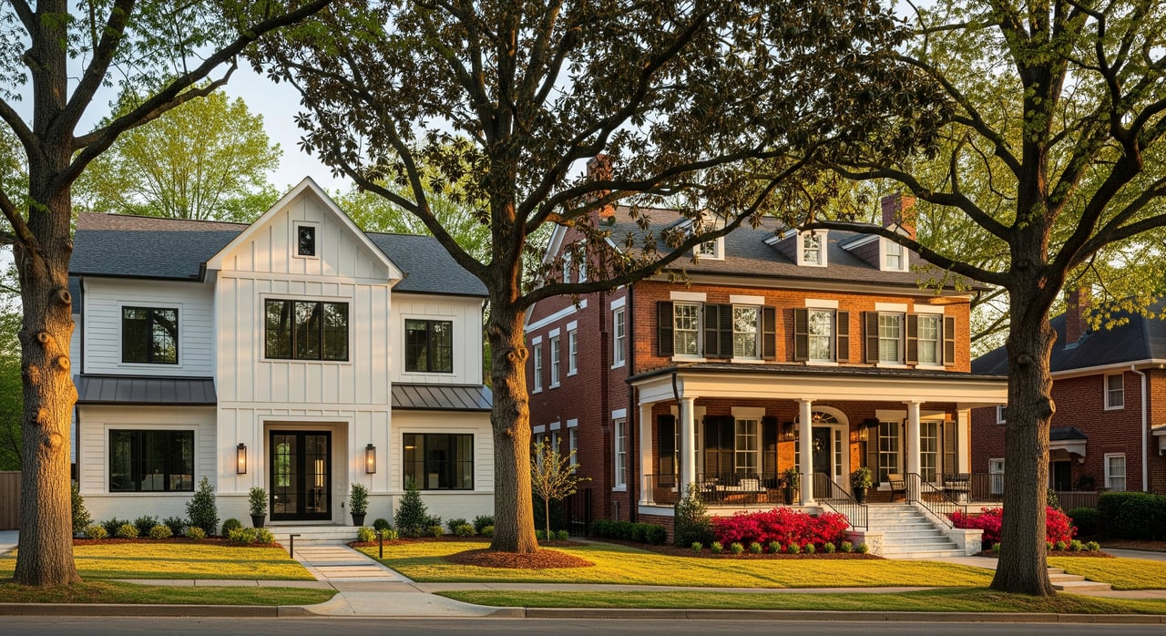 White modern house and red-brick colonial home stand side by side beneath large trees.