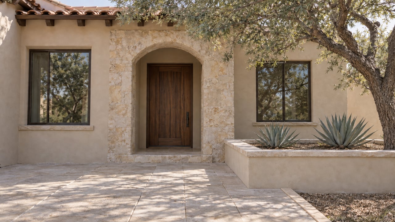 Stucco house with a walnut door, limestone arch, two windows, agave planter, and limestone curb beside the paving.