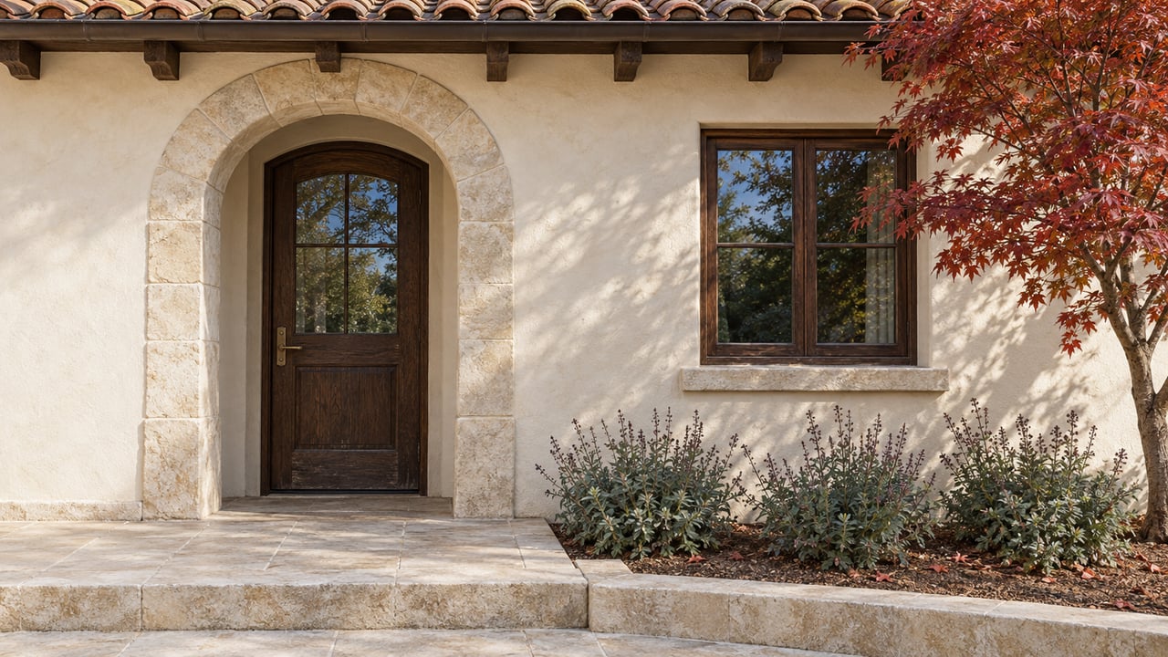 Cream stucco home entry with a limestone arch, dark oak door, clay tile roof and rust-red maple leaves.