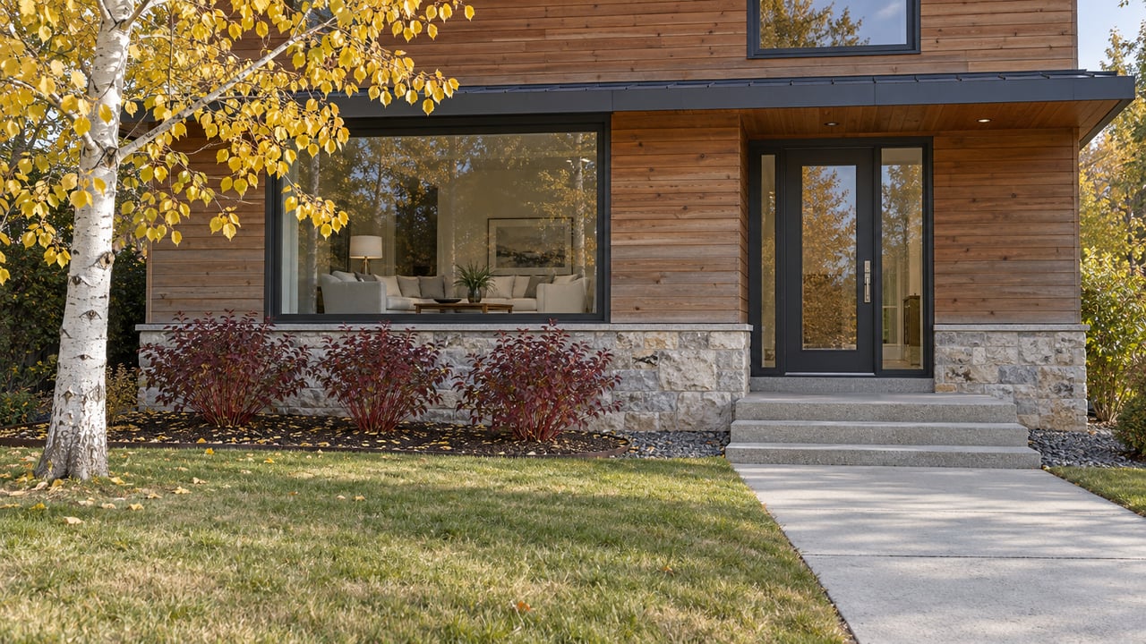 Cedar-clad contemporary home with charcoal window frames, limestone foundation, concrete entry steps and golden aspen foliage.