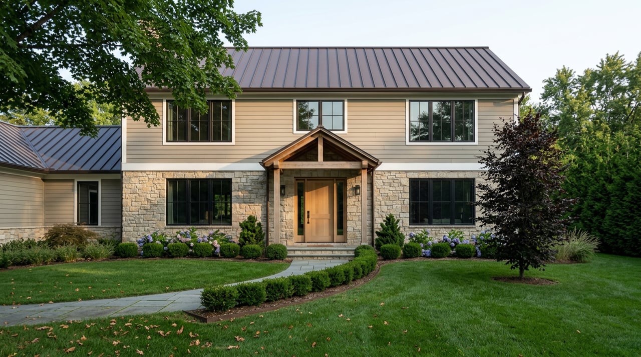 Two-story stone-and-siding estate with a wood entry, curved bluestone walk, clipped hedges, and a purple-leaved beech.