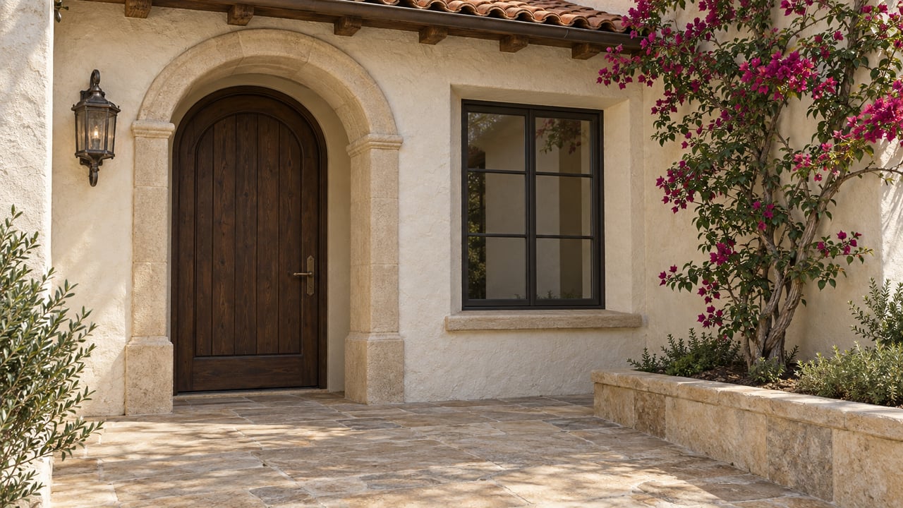 Cream stucco home with a recessed arched oak door, clay roof tiles, sandstone terrace and flowering bougainvillea beside a bronze-framed window.