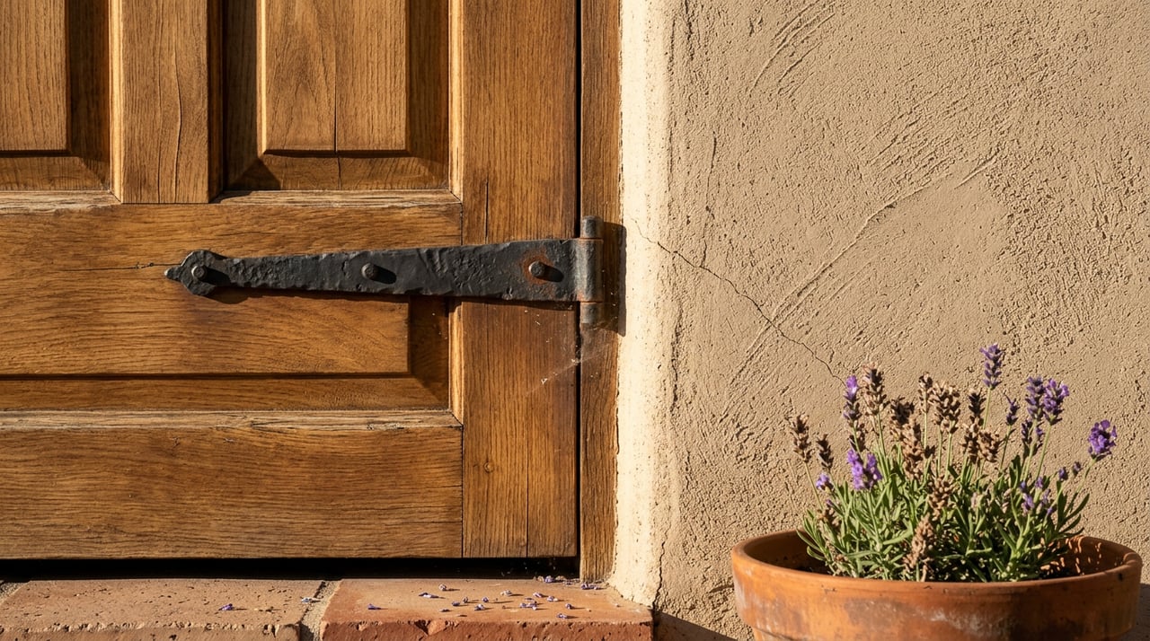 Rustic wood entry door with a black iron strap hinge beside sandy stucco, lavender petals scattered below.