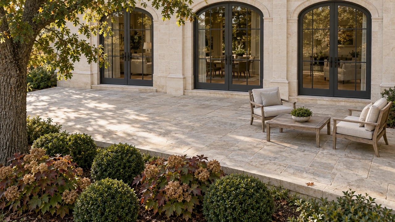 Elevated view of a limestone home's rear terrace with three arched glass doors, teak seating, and autumn oakleaf hydrangeas along a stone-edged planting bed.