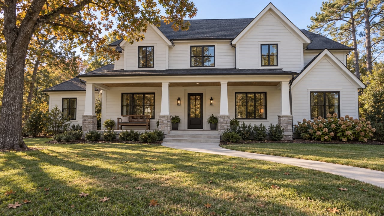 Light-painted home with black-framed windows and a broad covered porch beyond a deep autumn lawn and curved concrete walk.