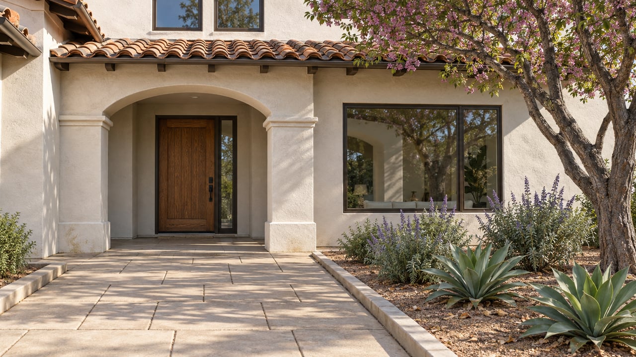 Sunlit stucco home with an arched oak entry, terracotta roof tiles, and a broad paver approach beside sculptural waterwise planting.
