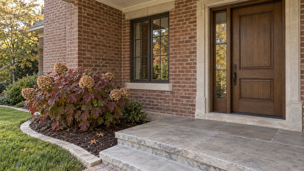 Brick home entrance with an oak door, limestone porch steps and burgundy oakleaf hydrangea beside the lawn.