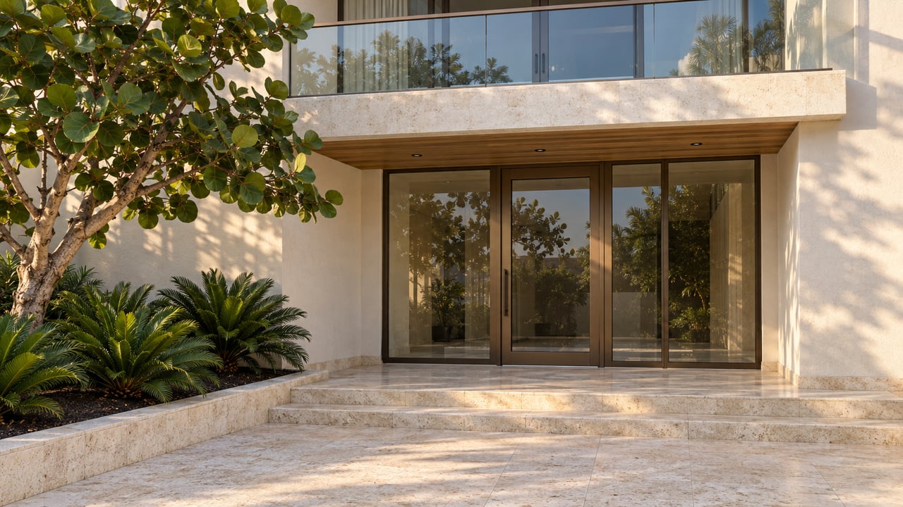Sunlit white-stucco condominium entrance with bronze-framed glass, pale limestone steps, a glass balcony, and sculptural sea grape planting.