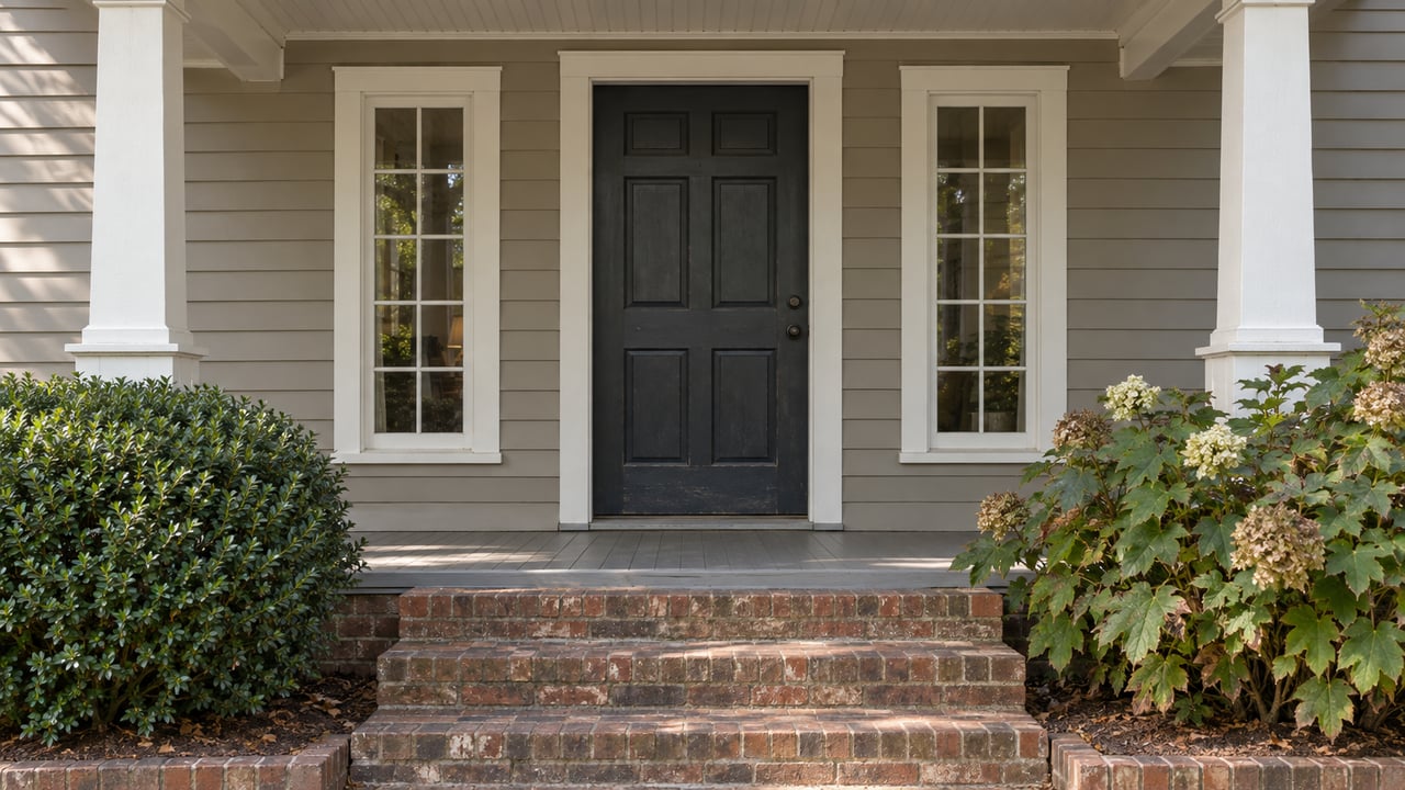 Taupe-sided entry with a dark six-panel door, narrow windows, brick steps, and shrubs.
