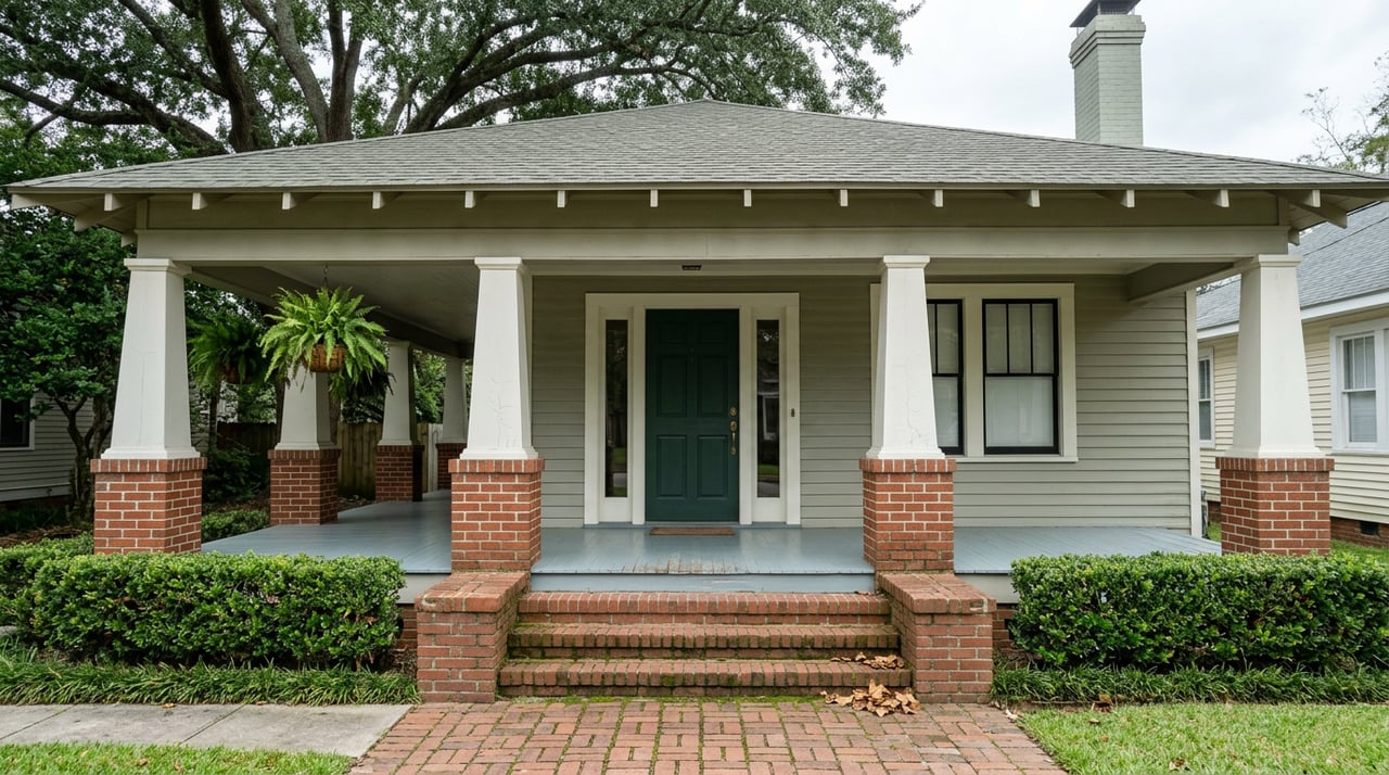 Craftsman bungalow porch with a deep green door, white columns, brick steps, and oak branches overhead.