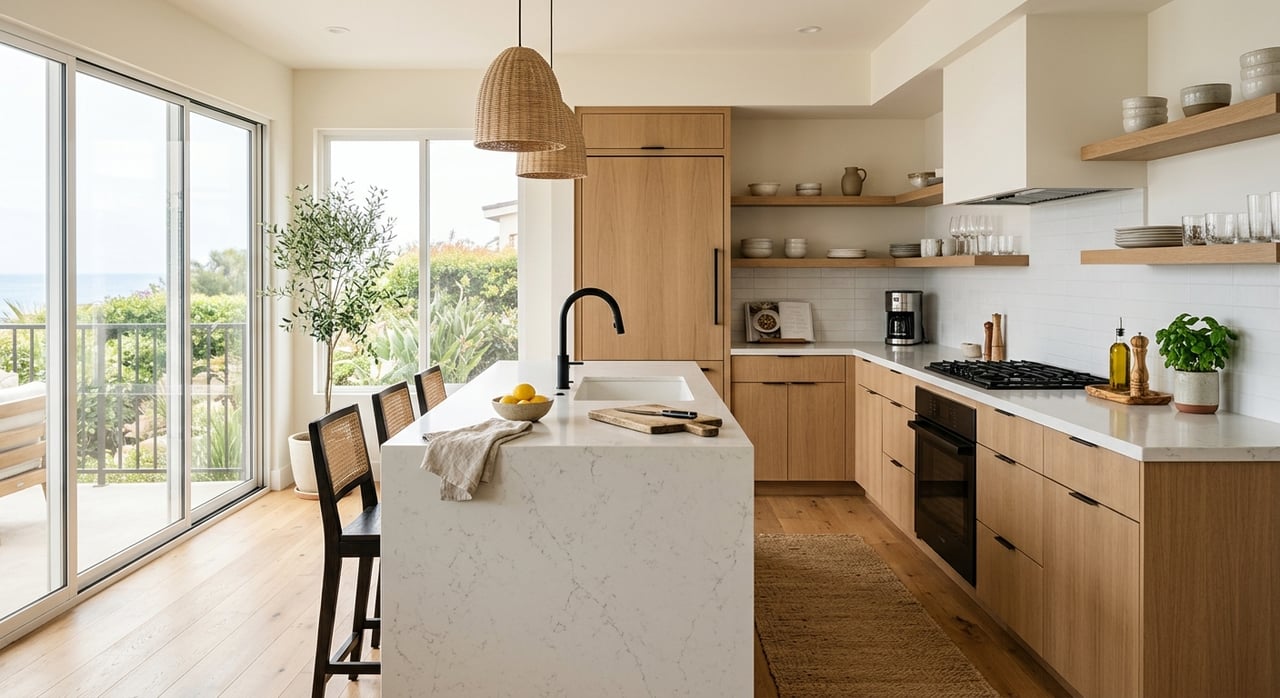 White quartz kitchen island with black faucet, three limes, oak cabinets, and two stools.