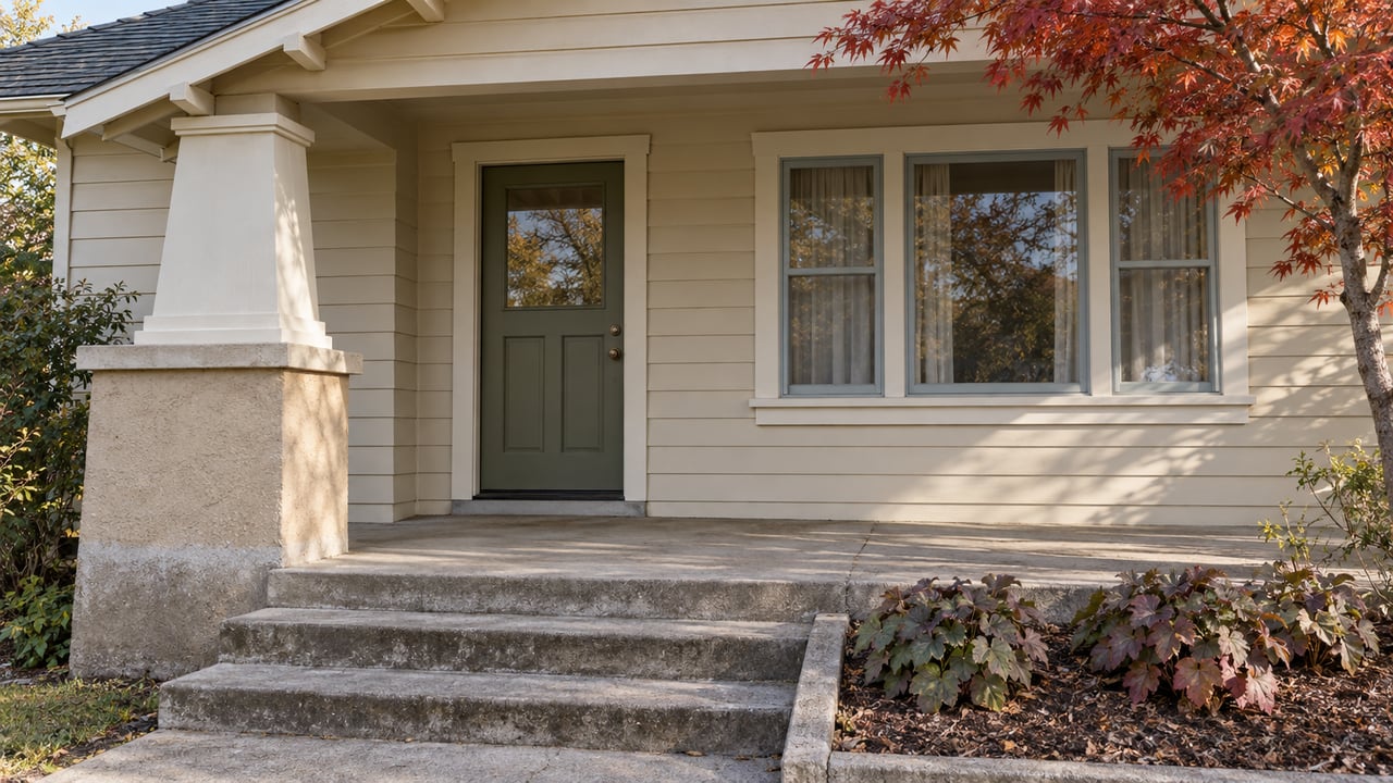 Cream clapboard bungalow porch with an olive front door, worn concrete steps and red maple leaves.