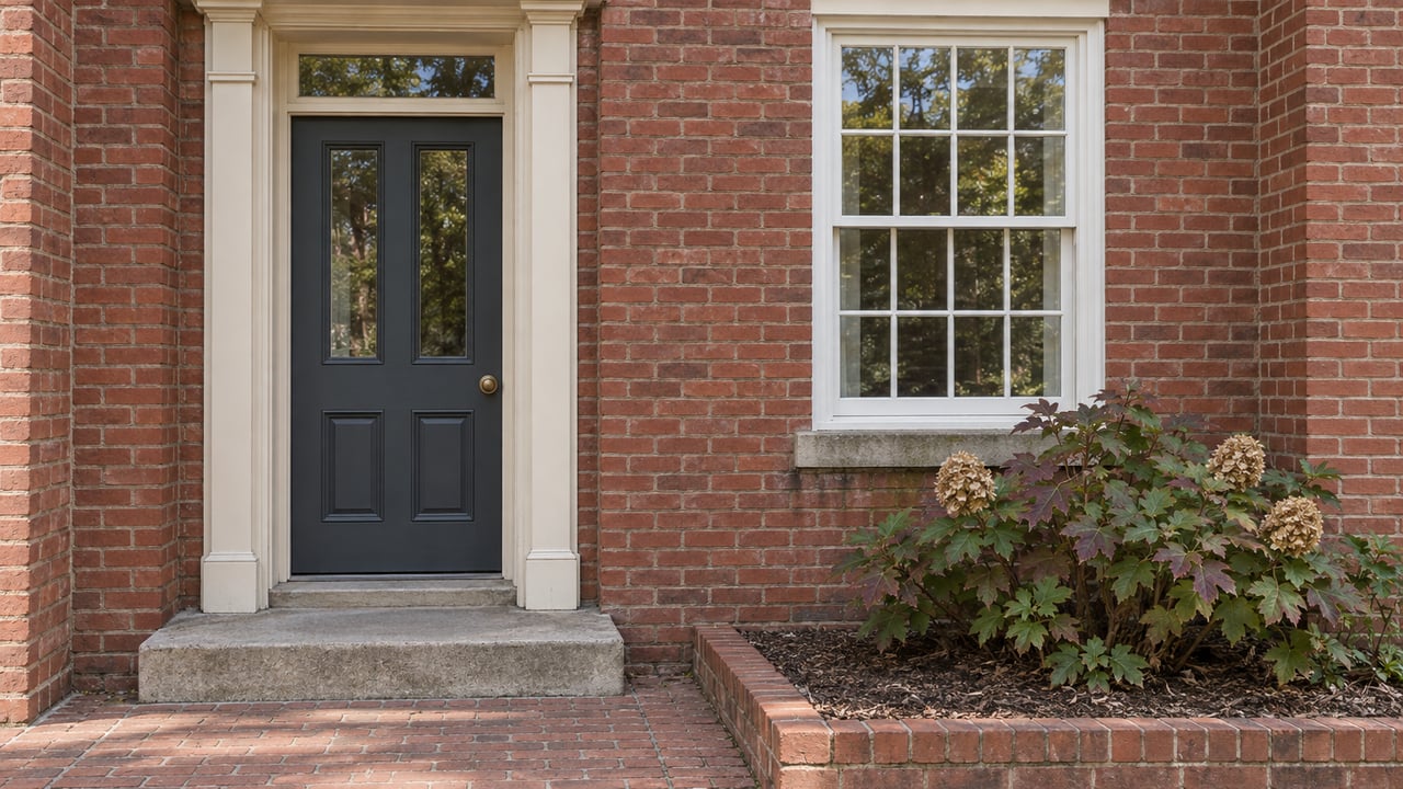 Brick townhome entrance with a cream pediment, charcoal door, white sash window, and oakleaf hydrangea beside a worn concrete stoop.