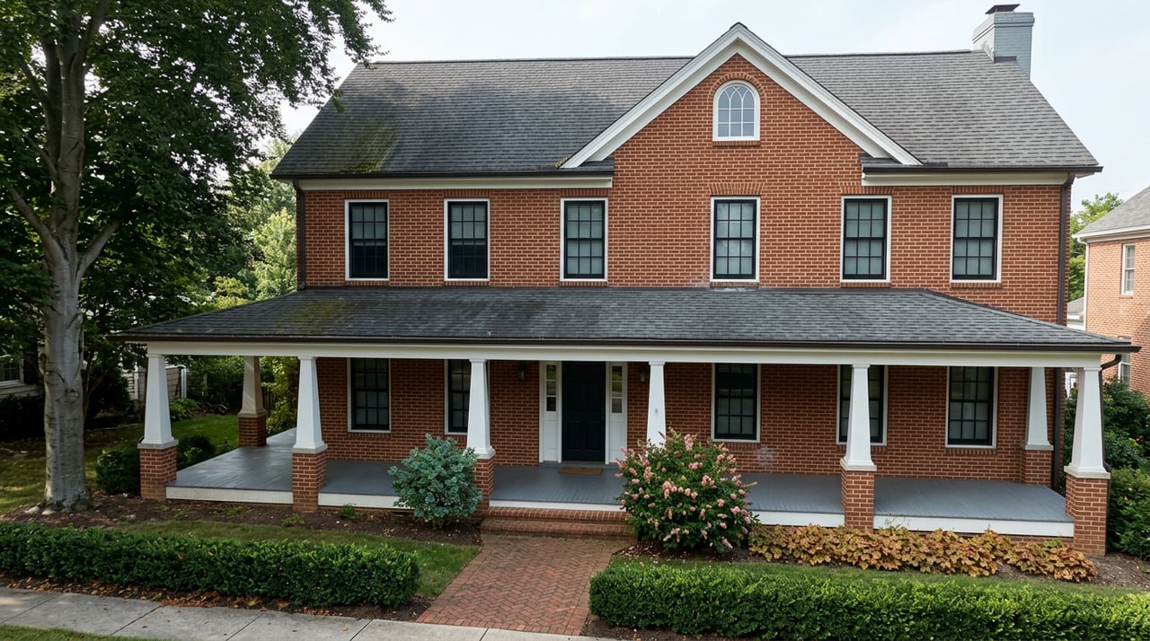 Two-story brick house with a deep white-columned porch, herringbone brick walk, and clipped hedge beneath a beech tree.