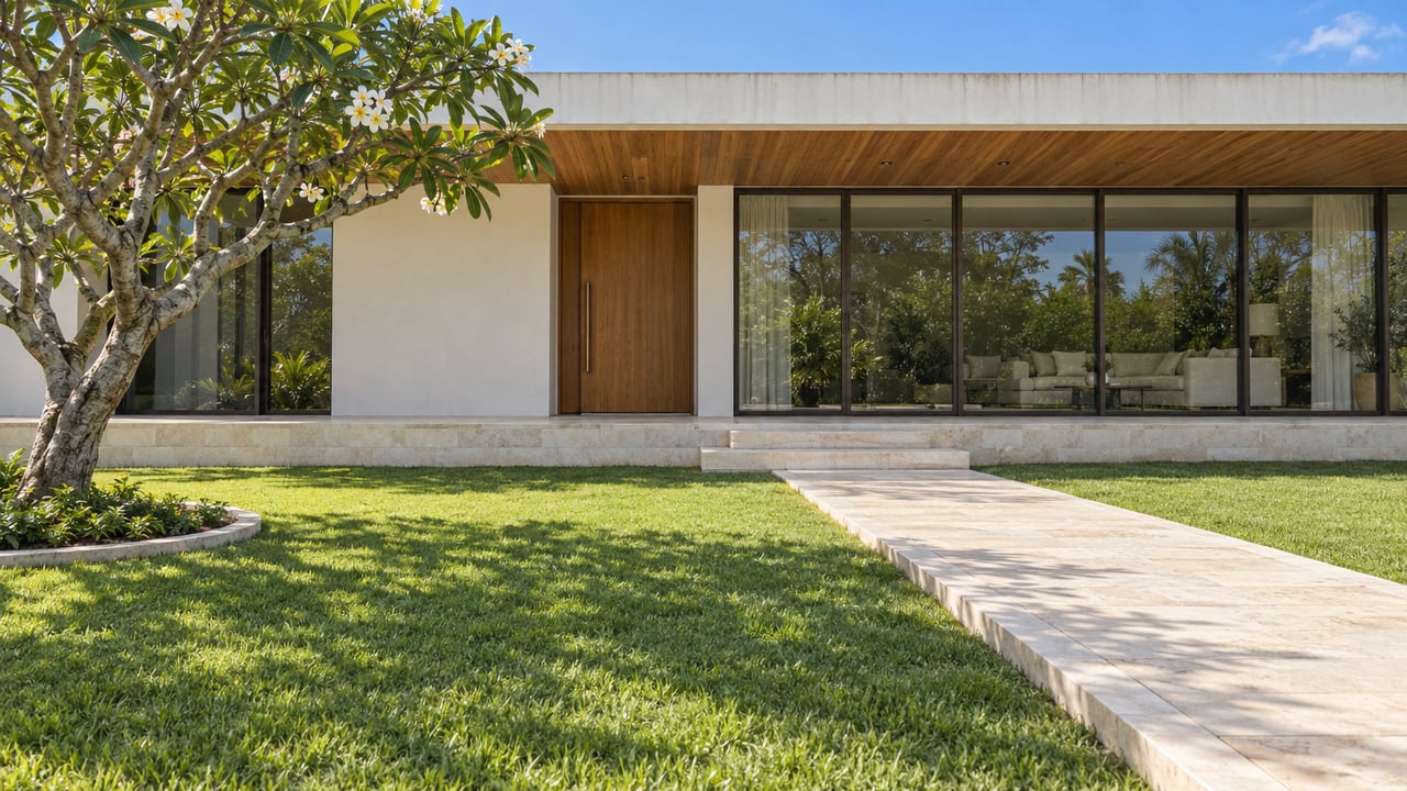 Low plaster home with a timber-lined overhang, bronze-framed glass doors, limestone entry steps and a broad lawn beside a flowering plumeria tree.