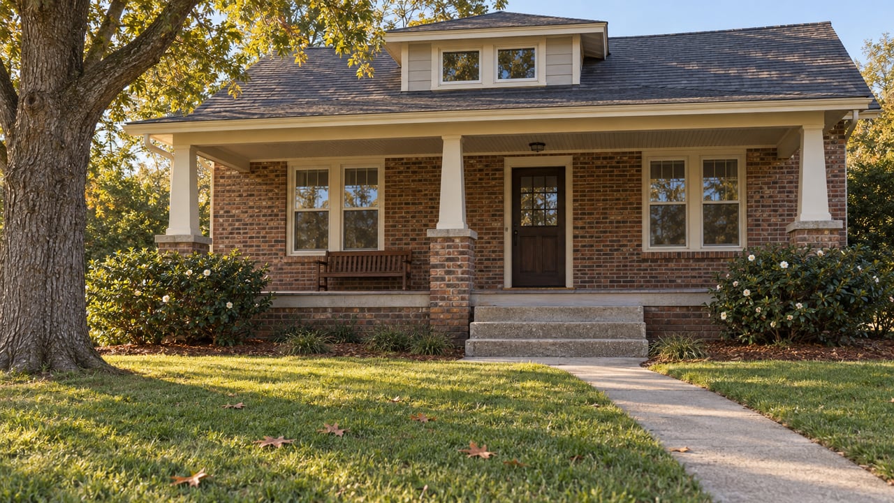Brick bungalow with a broad covered porch, deep front lawn, cream trim and flowering camellias in autumn afternoon light.