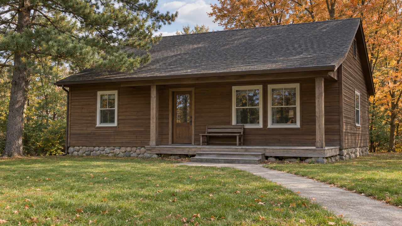 Weathered cedar home with a low timber porch, fieldstone foundation and broad autumn lawn beneath mature pine and maple trees.