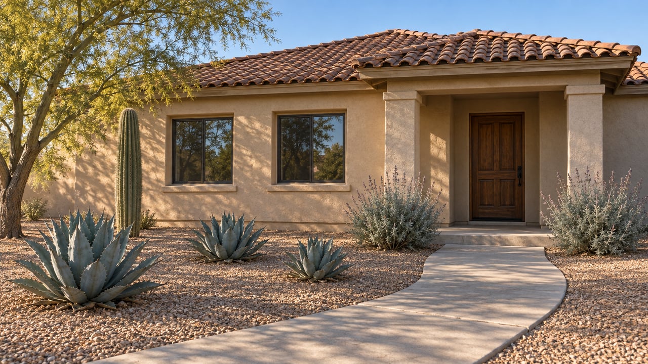 Sand-colored stucco home with a terracotta tile roof, shaded front porch, and a deep gravel garden planted with palo verde, saguaro, and agaves.