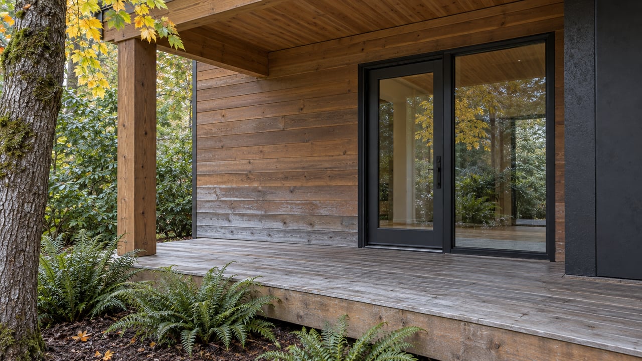 Weathered cedar porch and glazed entry beneath a timber roof, beside yellow maple leaves and sword ferns.