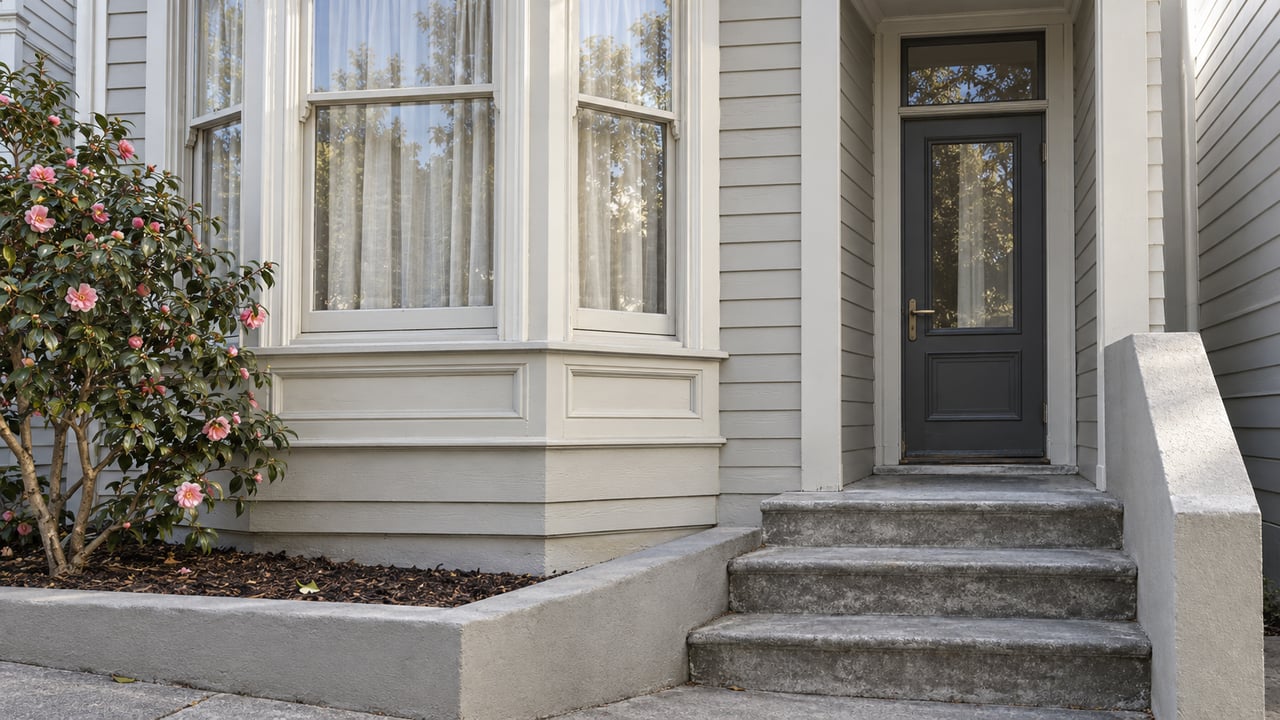 A pale timber house entrance beside a projecting bay window, with worn concrete steps and a camellia in a raised bed.