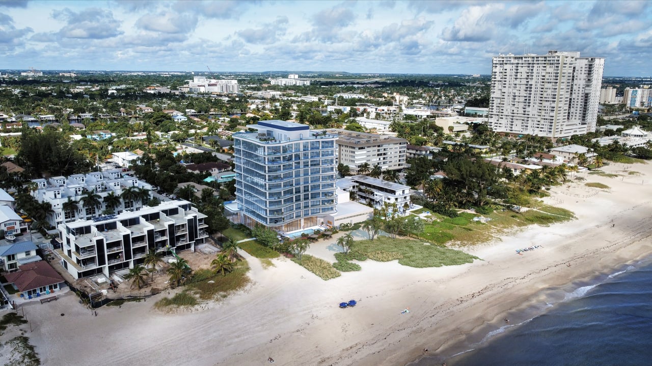 Aerial rendering showing Ocean 580 beside Briny Avenue and the beach.